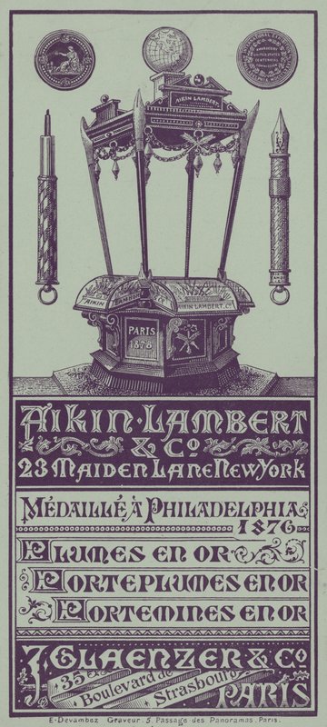 Aikin Lambert tollak, tolltartók és tolltartó ceruzák (litho) reklámozása francia szakmai kártyákkal alkotó: French School
