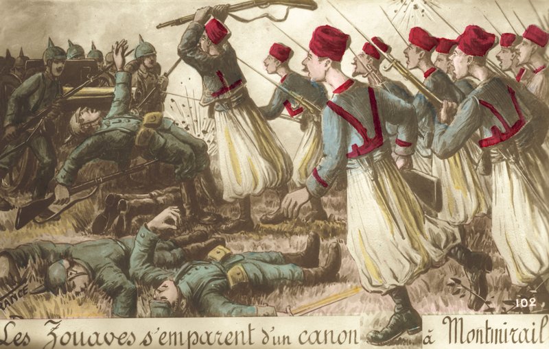 Francia zouave-ok egy német tüzérségi darabot rögzítve Montmirailnél, az I. világháborúban (színes litho) alkotó: French School