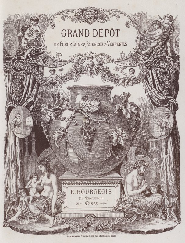 A Grand Depot de Porcelaines, Faiences et Verreries katalógusának homlokzata (színes litó) alkotó: French School