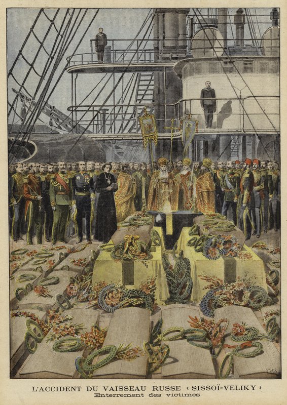A Sissoi Veliky orosz csatahajó fedélzetén történt baleset áldozatainak temetése, 1897 alkotó: French School