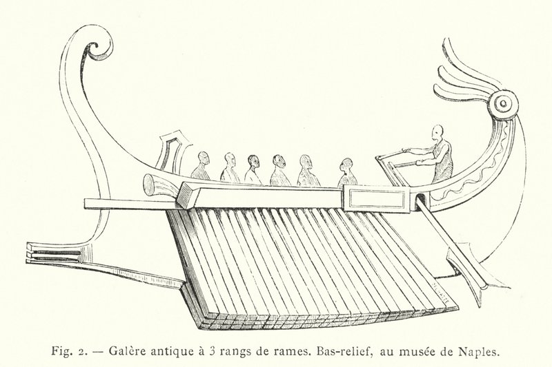 Ősi gálya 3 sor evezővel, dombormű, a nápolyi múzeumban (metszet) alkotó: French School