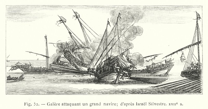 Gálya megtámad egy nagy hajót; Izrael Silvestre után, 17. század (metszet) alkotó: French School