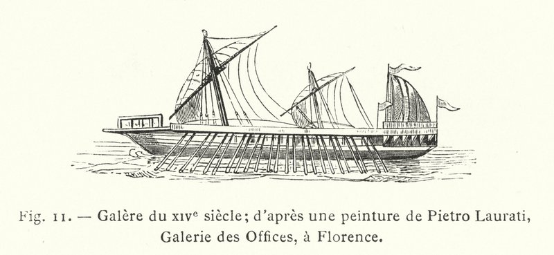 14. századi gálya; Pietro Laurati festménye után, Uffizi Galéria, Firenze (metszet) alkotó: French School