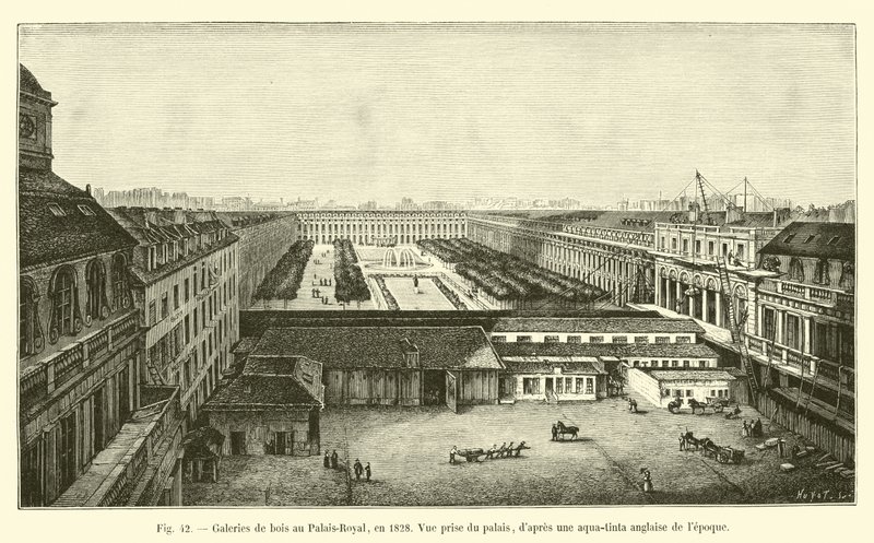 Fából készült galériák a Palais-Royalban, 1828-ban, Kilátás a palotából, az akkori angol aqua-tinta után alkotó: French School