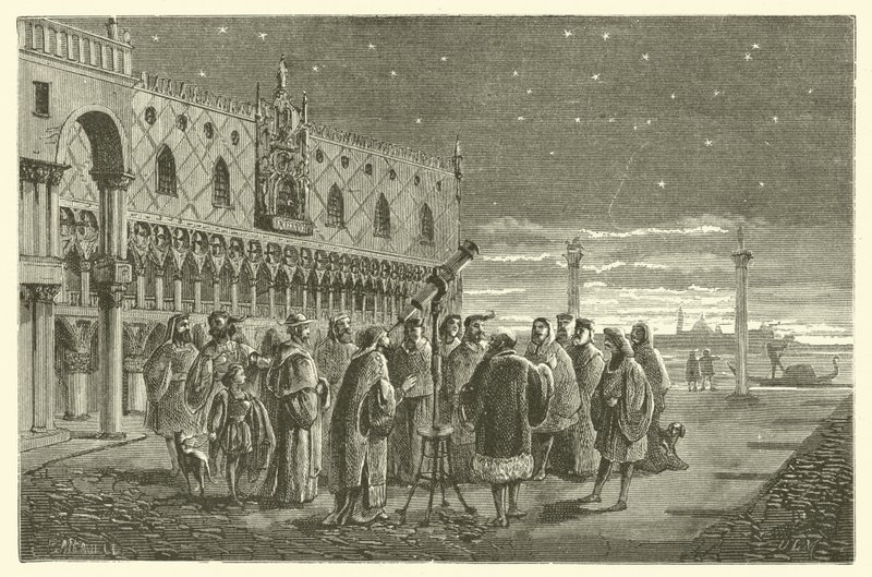 Galileo megmutatja a Jupiter műholdait a velencei szenátoroknak (metszet) alkotó: French School