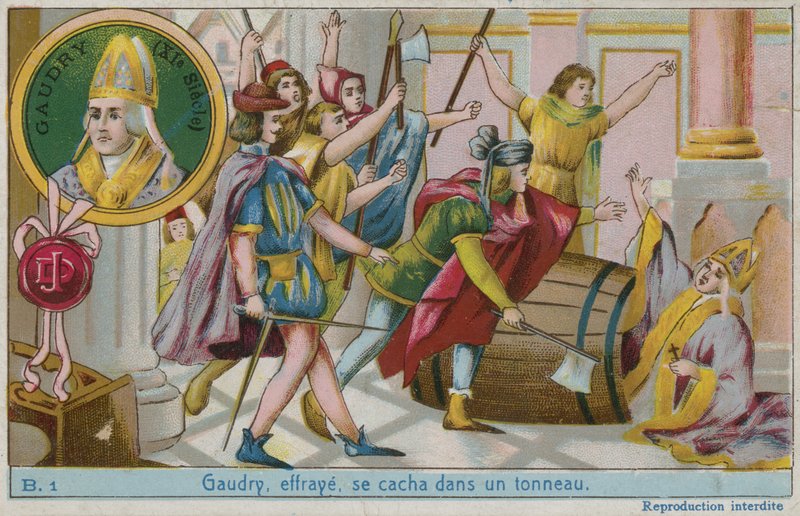 Gaudry ijedten, egy hordóba bújva alkotó: French School