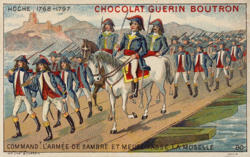 Hoche tábornok, a Sambre és Meuse hadsereg parancsnoka, átkel a Mosel-on (chromolitho) alkotó: French School