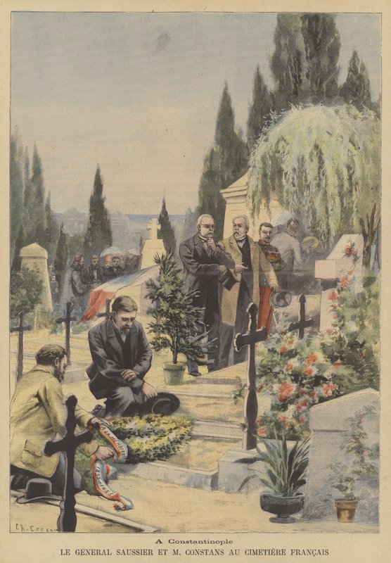 Saussier tábornok és Ernest Constans francia nagykövet a konstantinápolyi francia temetőben (színes litó) alkotó: French School