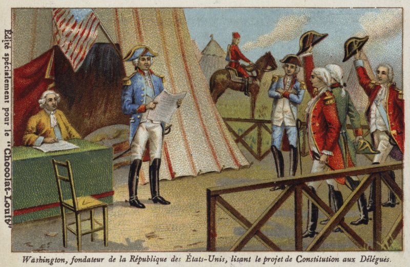 George Washington felolvassa a küldötteknek az Egyesült Államok alkotmánytervezetét alkotó: French School