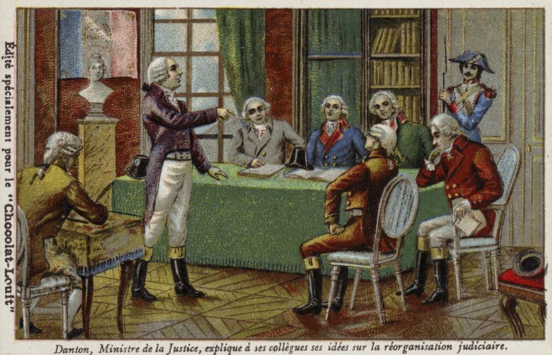 Georges Danton igazságügyi miniszter, aki kollégái előtt ismerteti az igazságszolgáltatás átszervezésével kapcsolatos elképzeléseit, 1792 alkotó: French School