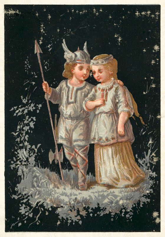 Lány és fiú skandináv vagy germán jelmezben (chromolitho) alkotó: French School
