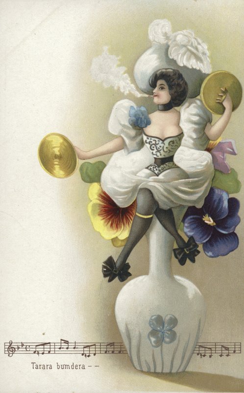 Lány vázán ülve dohányzik és cintányéron játszik (chromolitho) alkotó: French School
