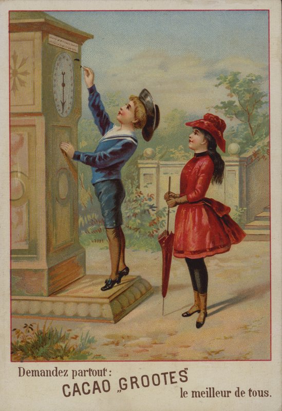 Lány néz egy fiút, aki az órát állítja (chromolitho) alkotó: French School