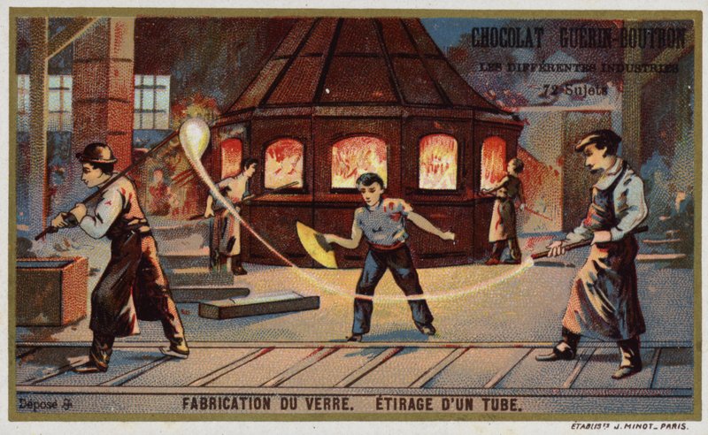 Üveggyártás. Cső kihúzása (chromolitho) alkotó: French School