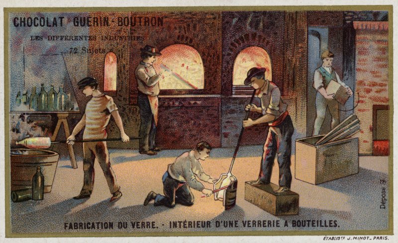 Üveggyártás. Palackgyártó üzem belseje (chromolitho) alkotó: French School