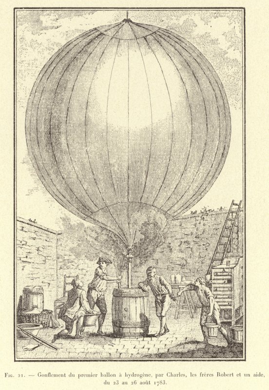 Az első hidrogénballon felfújása, Charles, a Robert fivérek és egy asszisztens, 1783. augusztus 23. és 26. között (metszet) alkotó: French School