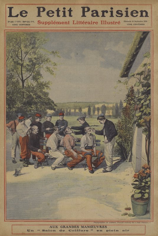 A francia hadsereg nagy manőverei: szabadtéri borbély (színes litho) alkotó: French School