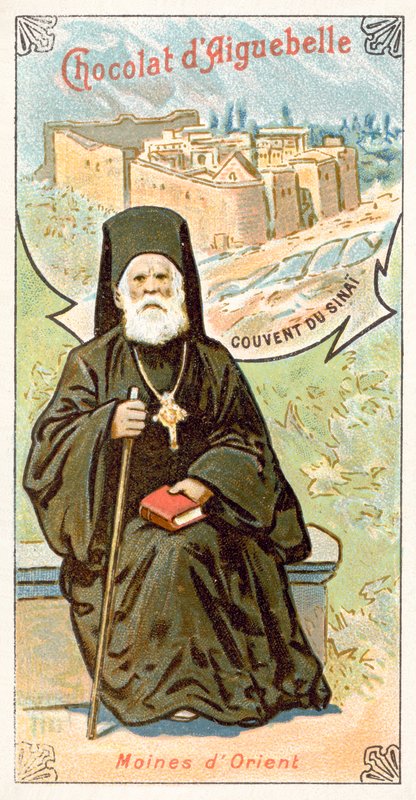 Görög ortodox szerzetes és Szent Katalin kolostor a Sínai-hegyen (chromolitho) alkotó: French School