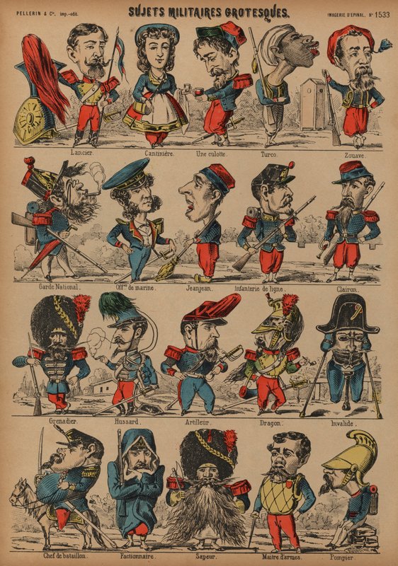 Groteszk katonai karikatúrák (színes metszet) alkotó: French School