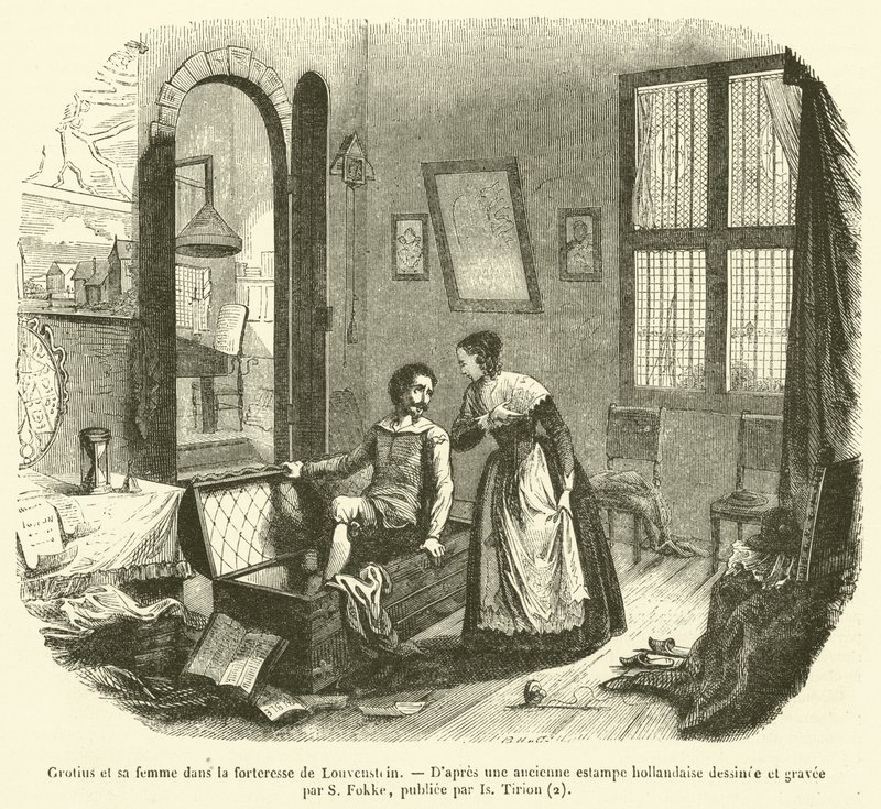 Grotius és felesége a louvensteini erődben (metszet) alkotó: French School