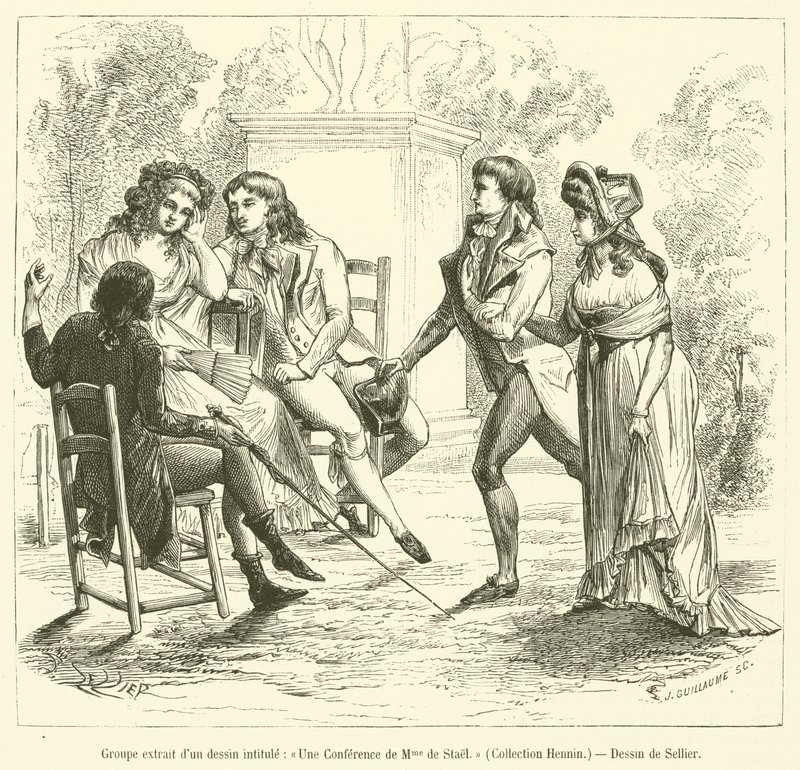 Csoport egy rajzból, melynek címe: Une Lecture de Madame de Stael, Collection Hennin (metszet) alkotó: French School