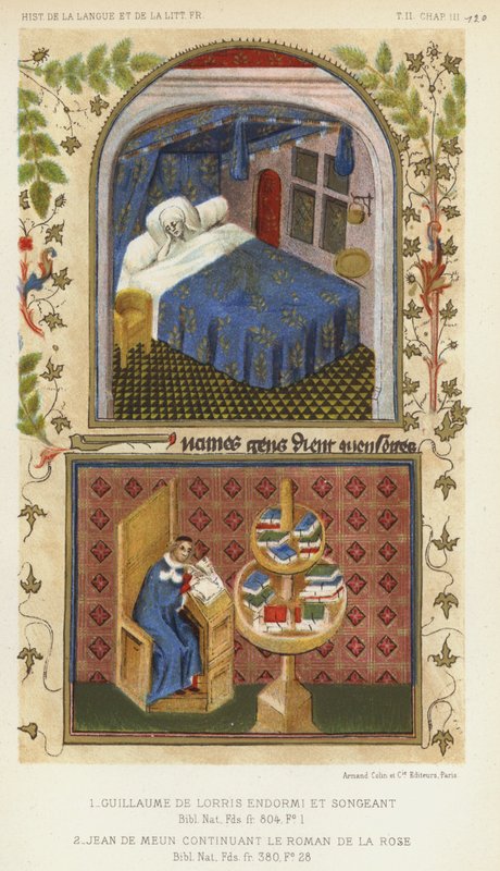 Guillaume De Lorris alszik és gondolkodik, Jean De Meun folytatja a római de la Rose-t (színes litó) alkotó: French School