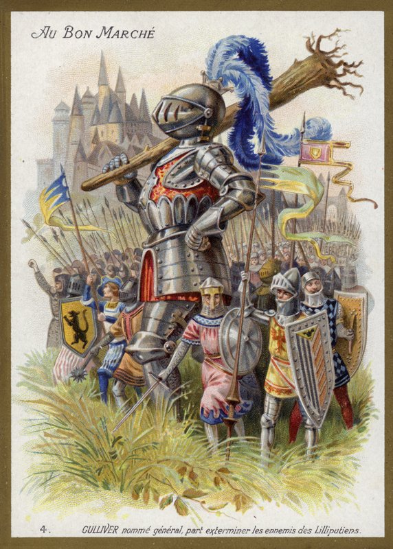 A tábornokká kinevezett Gulliver a liliputiak ellenségeinek kiirtására indul (chromolitho) alkotó: French School
