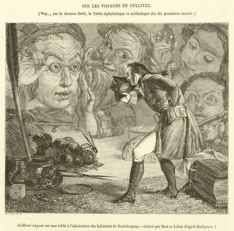 Gulliver egy asztalon kitéve Brobdingnag lakóinak csodálatának (metszet) alkotó: French School