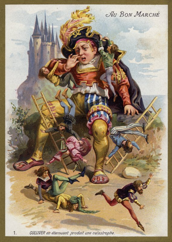 Gulliver tüsszent és katasztrófát okoz (chromolitho) alkotó: French School