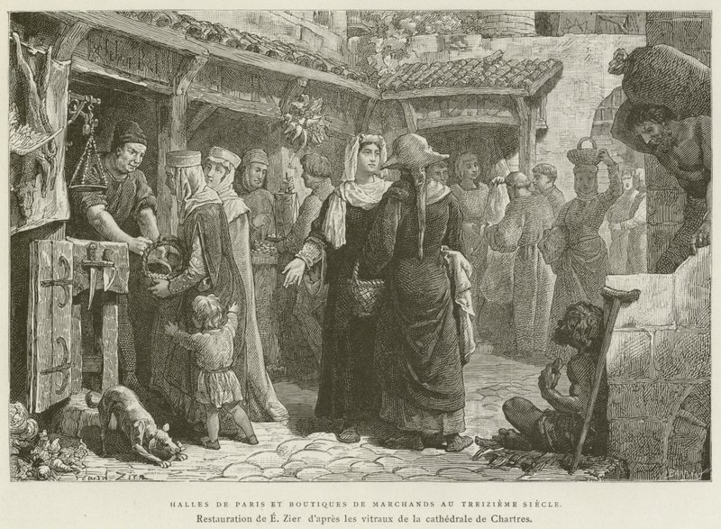 Párizs vásárcsarnokai és kereskedők üzletei a tizenharmadik században (metszet) alkotó: French School