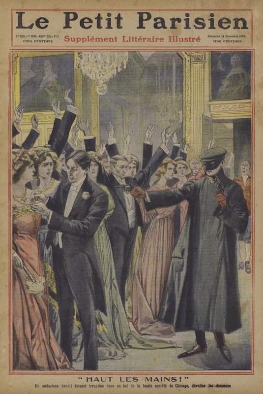 Kezeket fel! Egy merész rabló, aki egy chicagói társasági bál vendégeit mentesíti ékszereiktől (színes litho) alkotó: French School