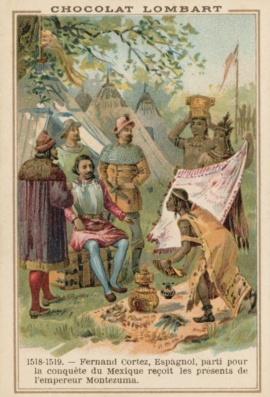 Hernan Cortes spanyol hódító, ajándékokat kapott Montezuma azték császártól, Mexikó, 1518-1519 alkotó: French School