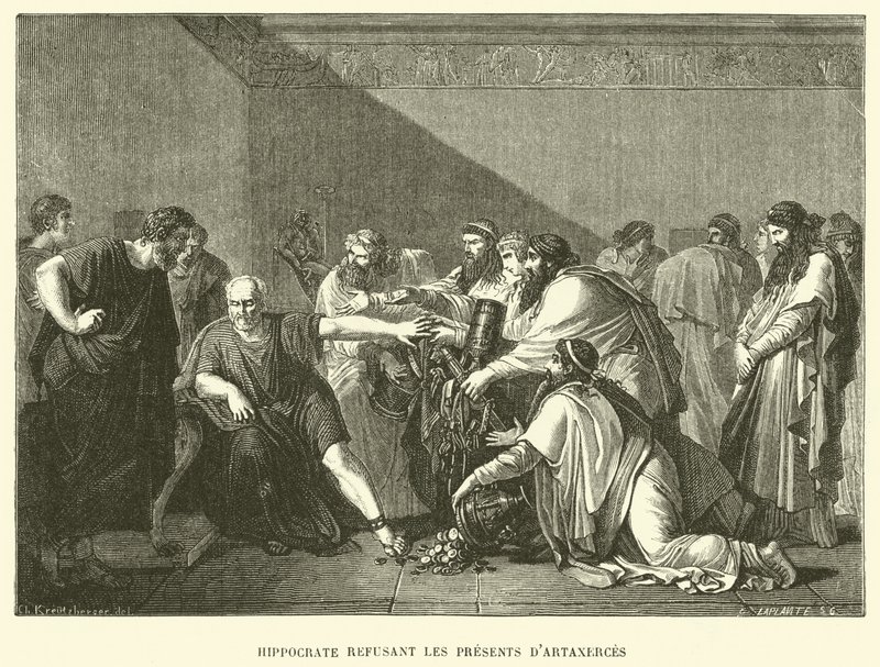 Hippokratész megtagadja Artaxerces ajándékait (metszet) alkotó: French School