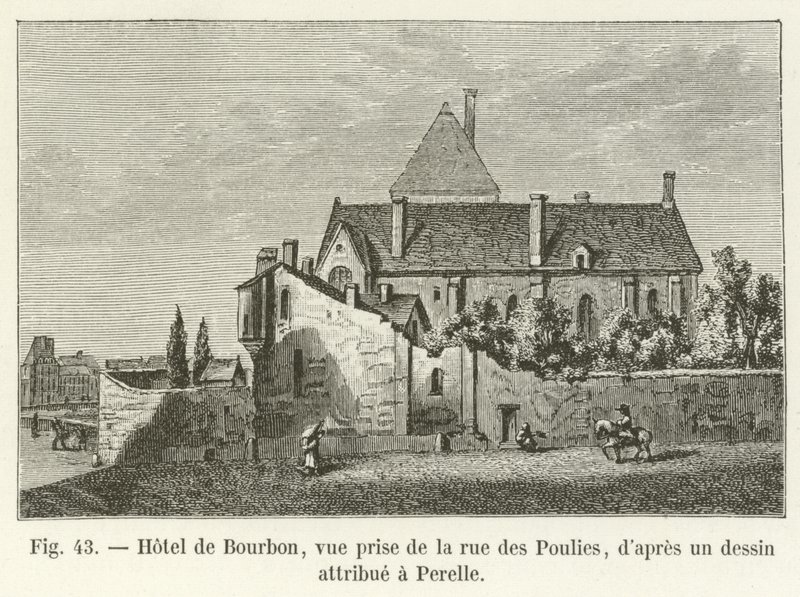 Hôtel de Bourbon, kilátás a rue des Pouliesról, egy Perelle-nek tulajdonított rajz után alkotó: French School