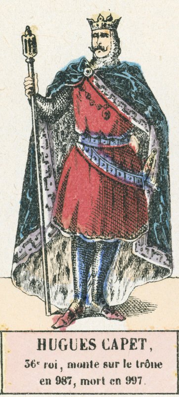 Hugues Capet, 36. király, 987-ben lépett trónra, 997-ben halt meg (színes metszet) alkotó: French School