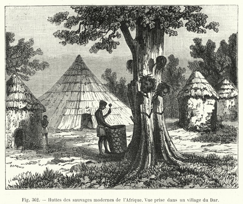 Afrika modern vadainak kunyhói (metszet) alkotó: French School
