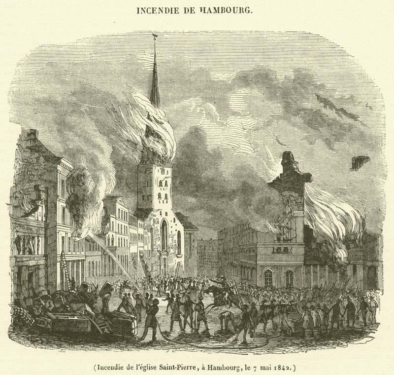 Tűz a Szent Péter-templomban, Hamburg, 1842. május 7. (metszet) alkotó: French School