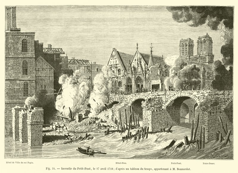 A Petit-Pont tüze, 1718. április 27.; egy korabeli, M Bonnardot-hoz tartozó táblázatból alkotó: French School