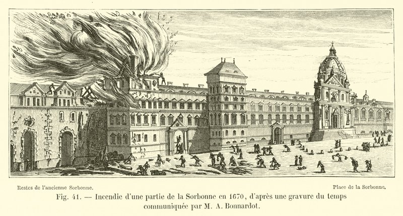 Tűz a Sorbonne egy részén 1670-ben, M A Bonnardot által közölt korabeli metszetről alkotó: French School