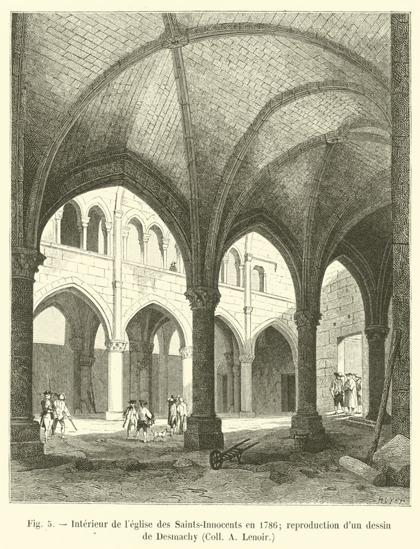 Az ártatlanok szentek templomának belseje 1786-ban; Desmachy, Coll A Lenoir rajzának reprodukciója alkotó: French School