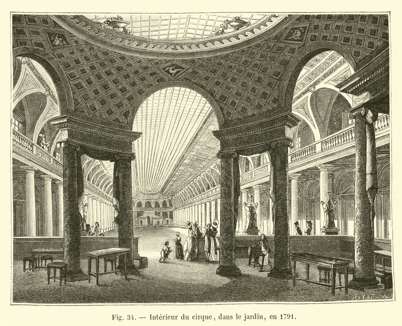 A cirkusz belseje, a kertben, 1791-ben alkotó: French School