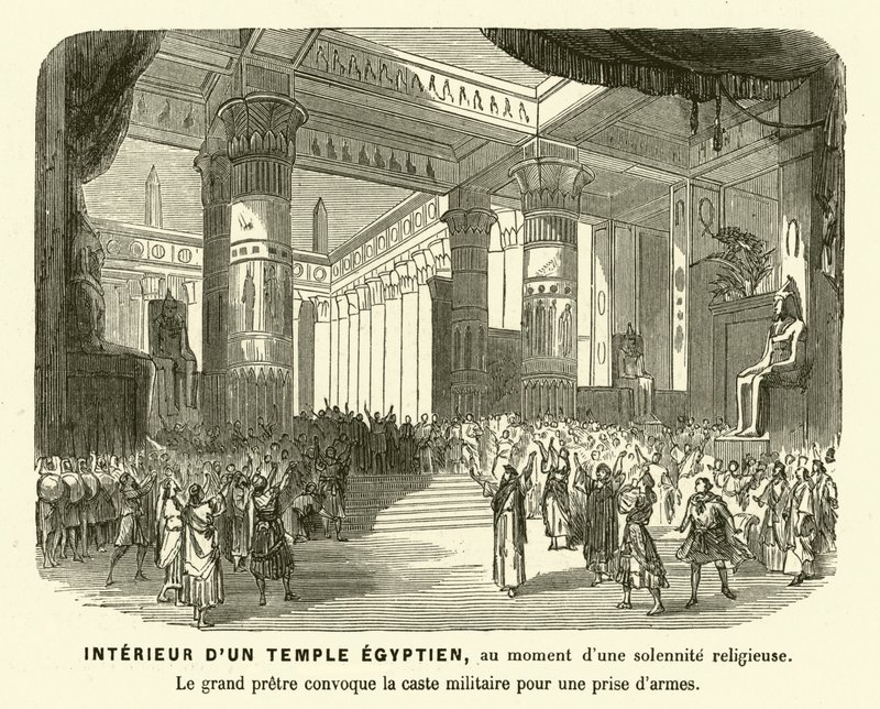 Egy ókori egyiptomi templom belseje istentisztelet közben (metszet) alkotó: French School