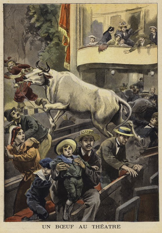 Színházi előadás megszakítása egy bika által, Villefranche-de-Lauragais, Franciaország, 1897 alkotó: French School