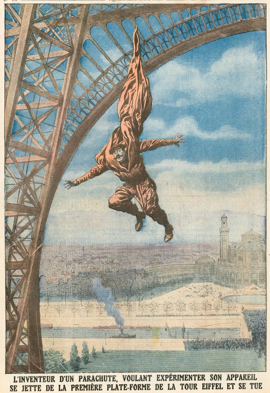 Az ejtőernyő feltalálója leugrik az Eiffel-toronyból alkotó: French School