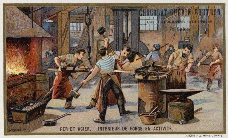 Vas és acél. Egy forgalmas kovácsműhely belseje (chromolitho) alkotó: French School