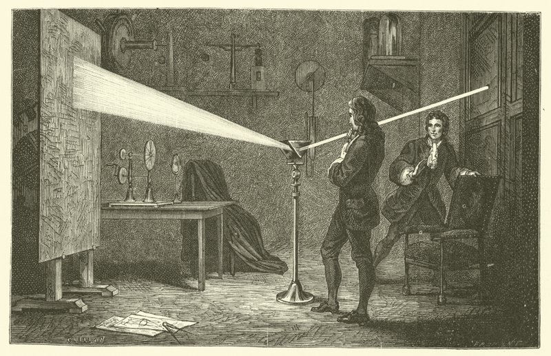 Isaac Newton lebontja a fényt (metszet) alkotó: French School