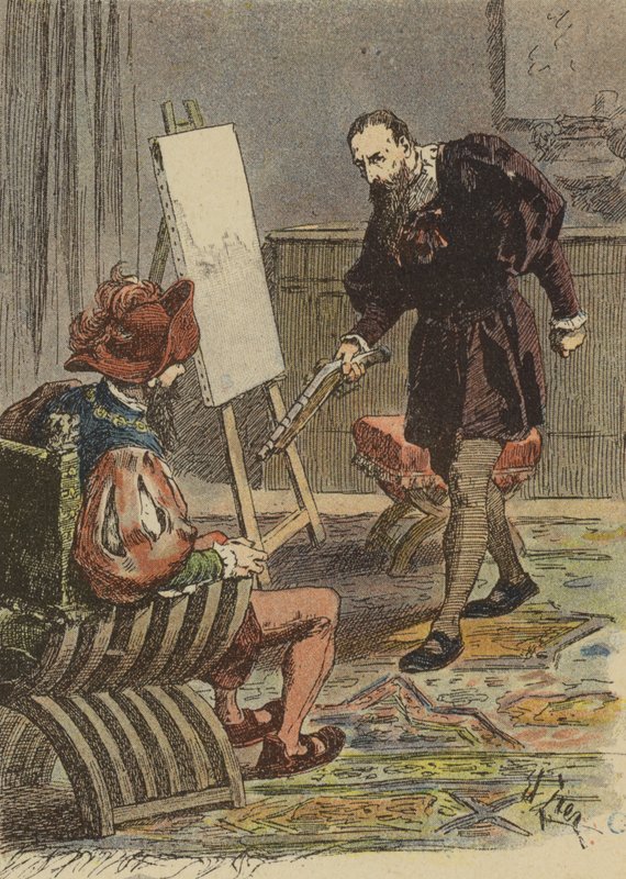 Tintoretto olasz festő, pisztollyal felfegyverkezve közeledik Pietro Aretinohoz, hogy megmérje a portréját alkotó: French School