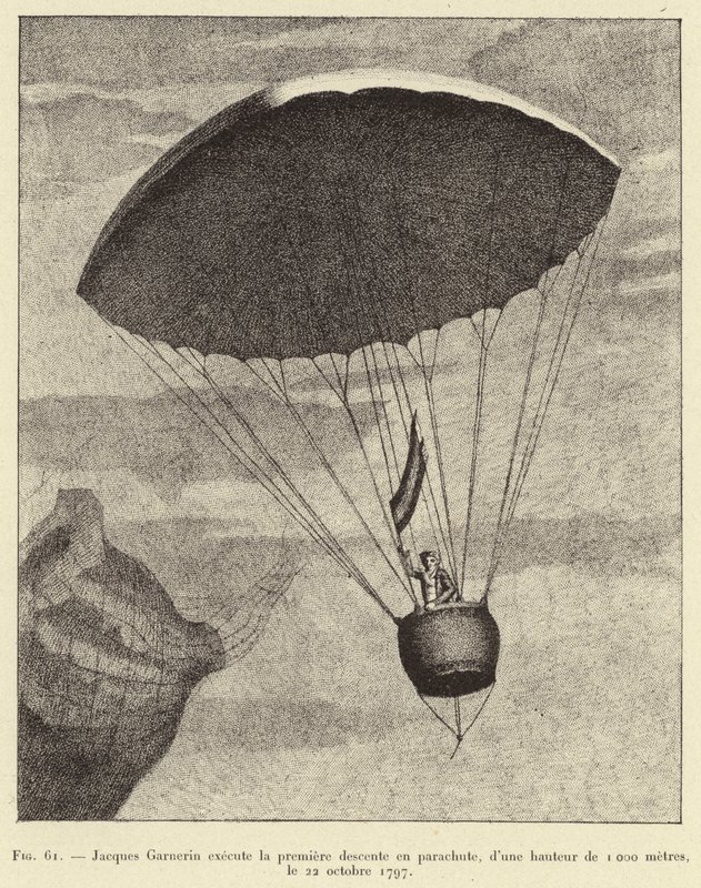 Jacques Garnerin végrehajtja az első ejtőernyős ereszkedést, 1000 méter magasból, 1797. október 22-én alkotó: French School