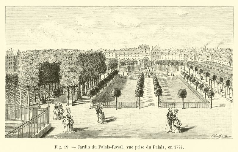 A Palais-Royal kertje, kilátás a palotából, 1774-ben alkotó: French School