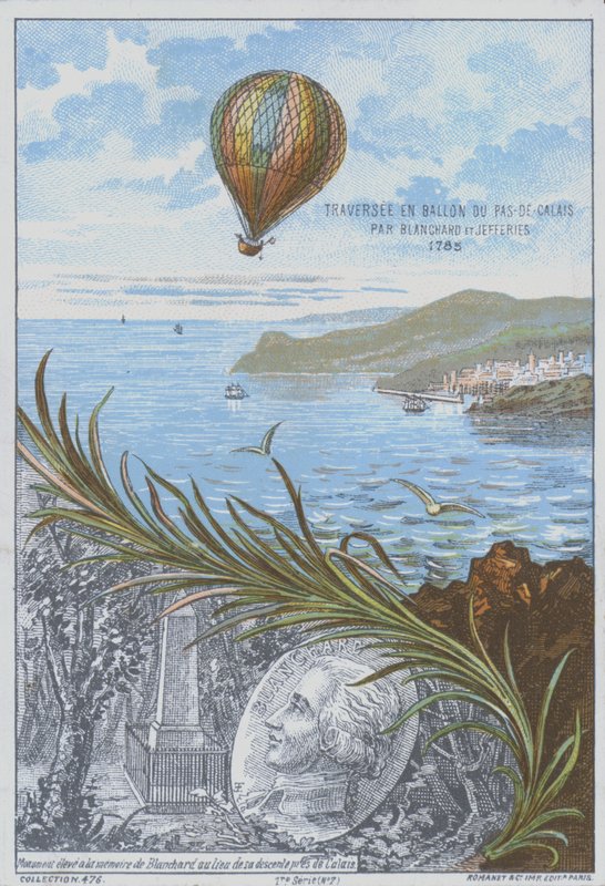 Jean-Pierre Blanchard és John Jeffries az első ballonrepülésen át a La Manche csatornán, 1785. január 7-én (színes litho) alkotó: French School